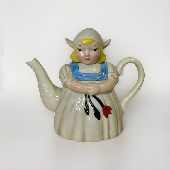 Dept 56 Dutch Girl Holding Tulips Tea Pot Hand Painted Ceramic - Picture 1 of 8